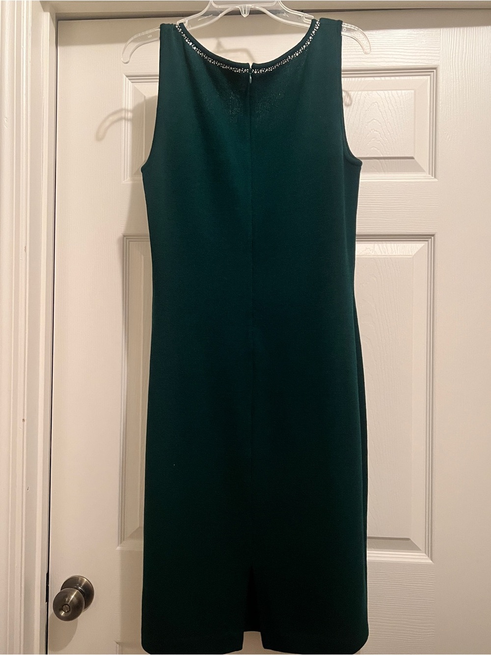 St. John Sleeveless Emerald Green Sheath Dress with Beaded Neckline